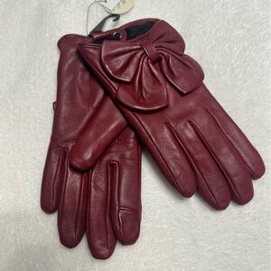 Aqua Red Leather Gloves with Bow